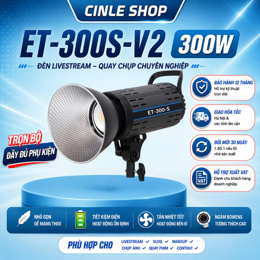 Đèn Livestream 300W ET300S LED COB 3 Màu ánh sáng CRI 97 Đèn Quay Video Chụp Ảnh Studio Ngàm Bowen K