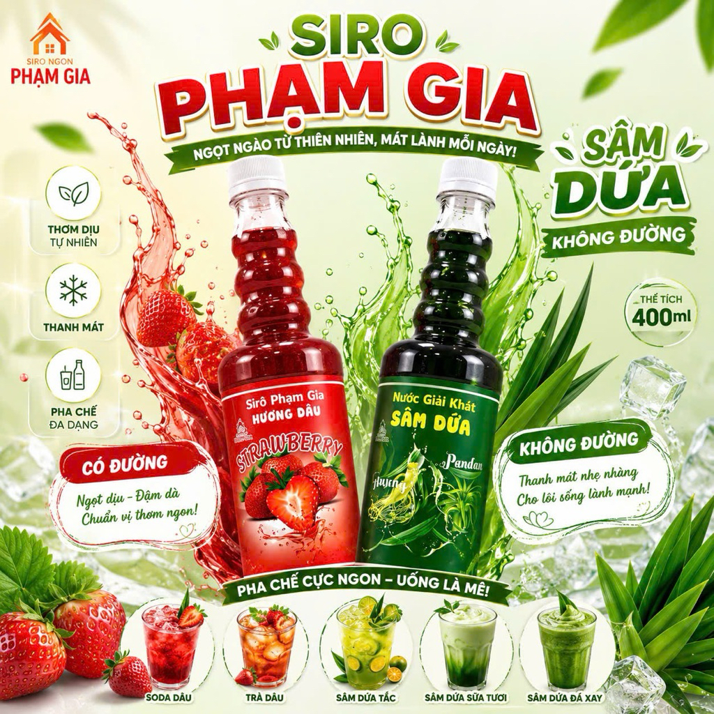 [ Combo 2 Chai] Dâu Và Sâm Dứa Không Đường 400ml - Dùng Pha Sâm Dứa Sữa, Trà Trái Cây, Kem, Đá Bào, 