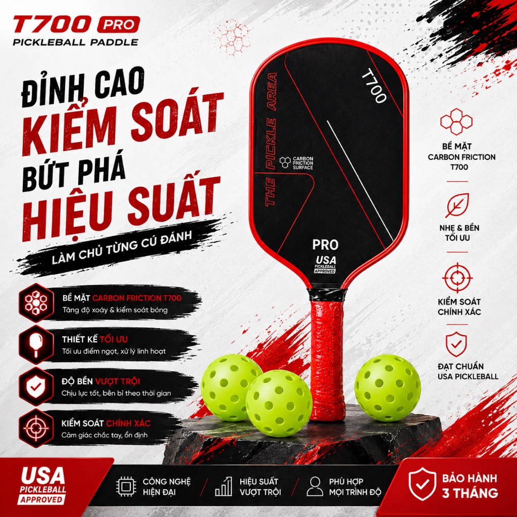 Vợt Pickleball T700 PRO 16mm Carbon Chính Hãng Cho Người Mới & Pro