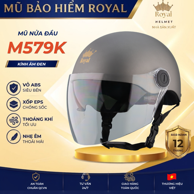Mũ Bảo Hiểm Royal Nửa Đầu 2 Kính M579K Chính Hãng Đạt Chuẩn An Toàn, Nón Bảo Hiểm 1/2 Đầu Kính Âm Râ