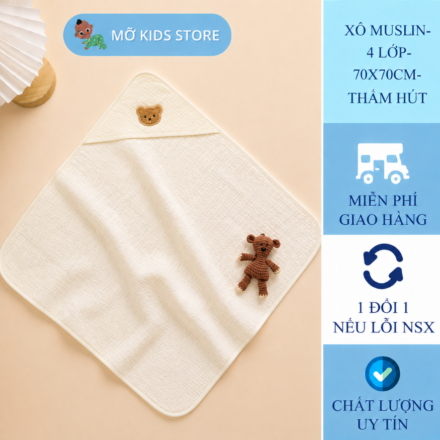 ( Mua 1 tặng 1 yếm ) Ủ choàng, ủ xô muslin 4 lớp màu kem, chăn choàng ủ xô mềm mại, thoáng mát, an t