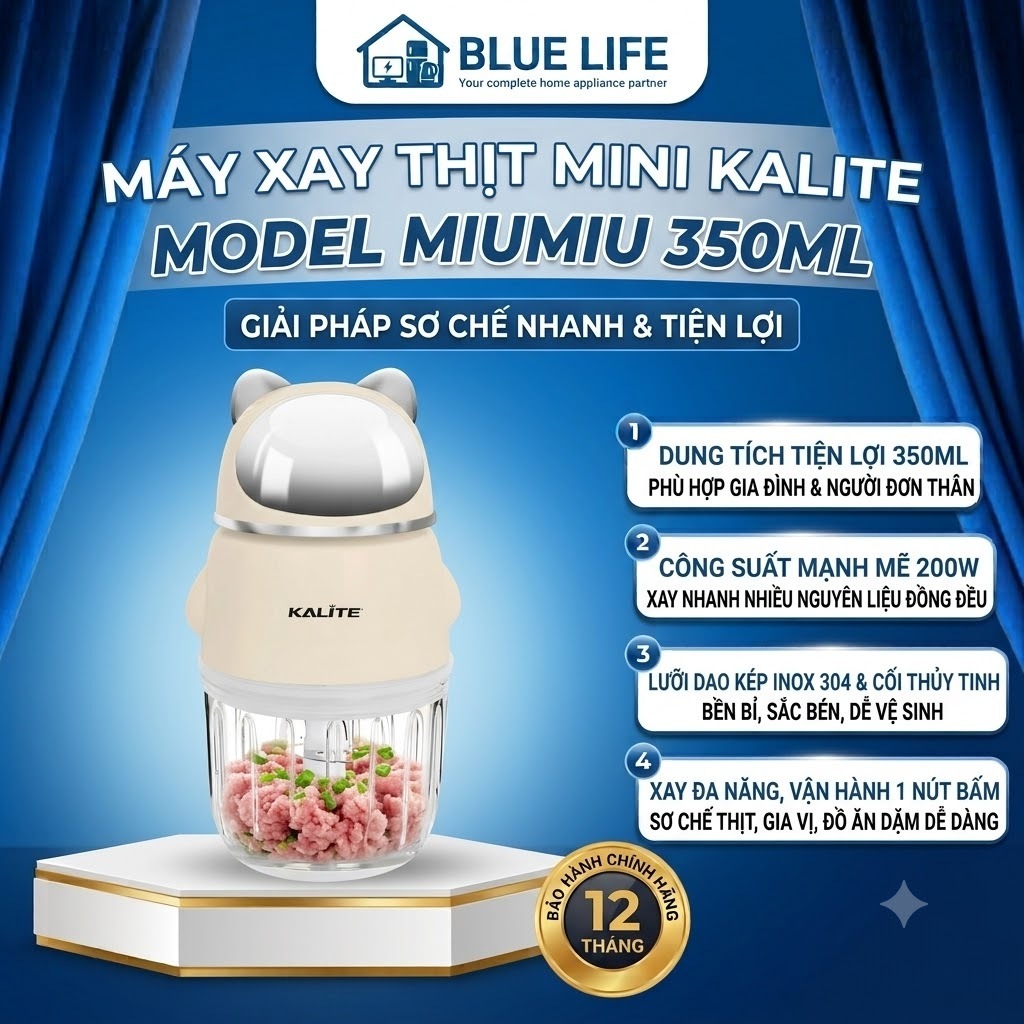 Máy Xay Mini Kalite MiuMiu, Công Suất 200w Lưỡi Dao 6 Cánh, Cối Thủy Tinh Cao Cấp, Hàng Chính Hãng