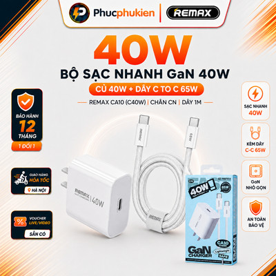 Bộ sạc nhanh 40w chính hãng Remax CA10 chuẩn PD cho 15 seris trở lên - Phúc Phụ Kiện