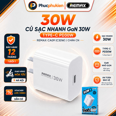 Củ sạc GaN 30w 1 cổng type c Remax CA09 sạc nhanh PD 30w cho 17 pro max trở xuống - Phúc Phụ Kiện