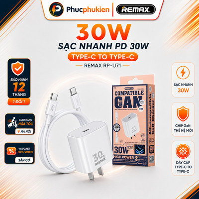 Bộ sạc nhanh 30w chính hãng Remax U71 sạc đầy 60% pin 15,16 seris chỉ trong 30 phút - Phúc Phụ Kiện