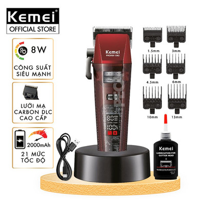 Tông đơ cắt tóc chuyên nghiệp Kemei KM-1382 công suất mạnh 8W, lưỡi cắt mạ carbon DLC, 21 tốc độ - Chính hãng