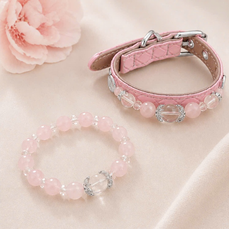 Vòng Cổ Chó Mèo Đá Thạch Anh Hồng Tự Nhiên Handmade – Set Matching Vòng Tay Cho Chủ | ANORA Gems Stu
