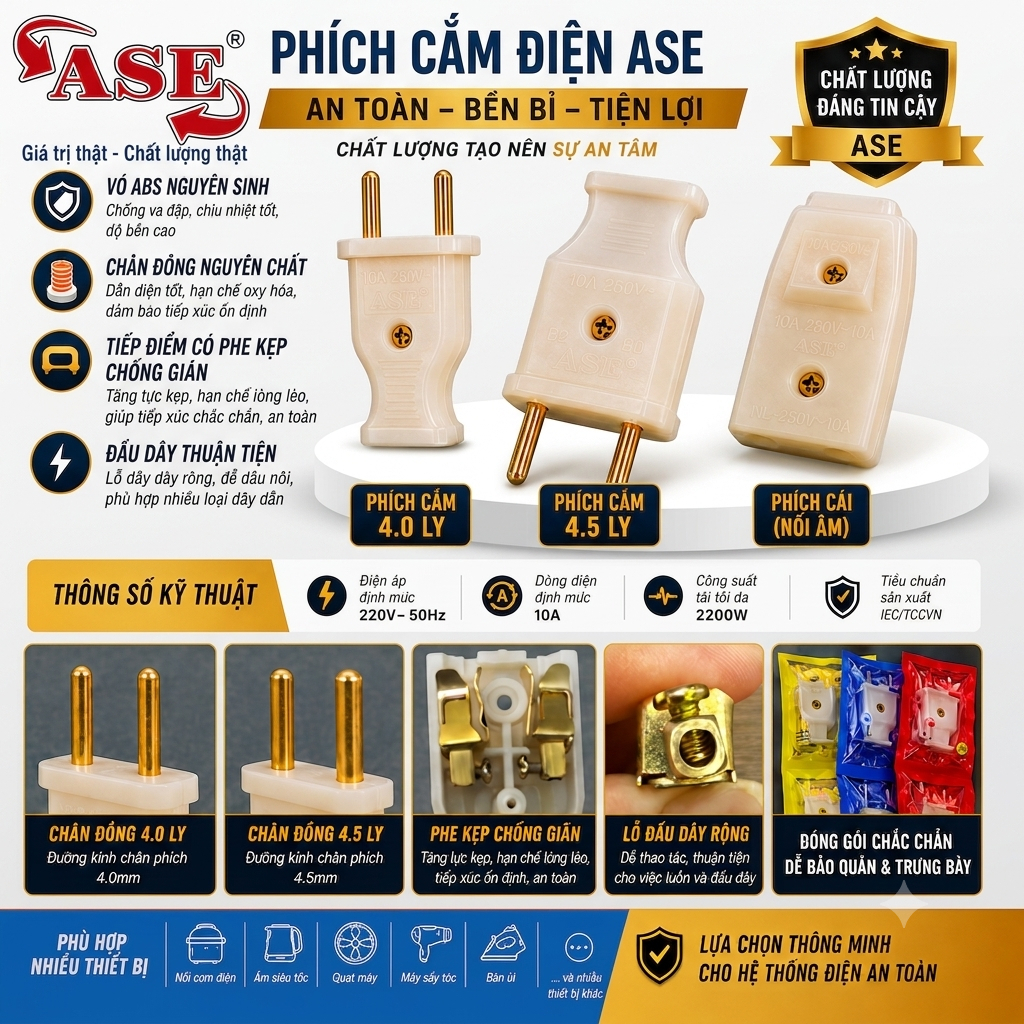 Combo 50 Phích Cái (Nối Âm) - Phích Đực 4.0 - Phích Dương 4.5 Chân Đồng Chính Hãng ASE