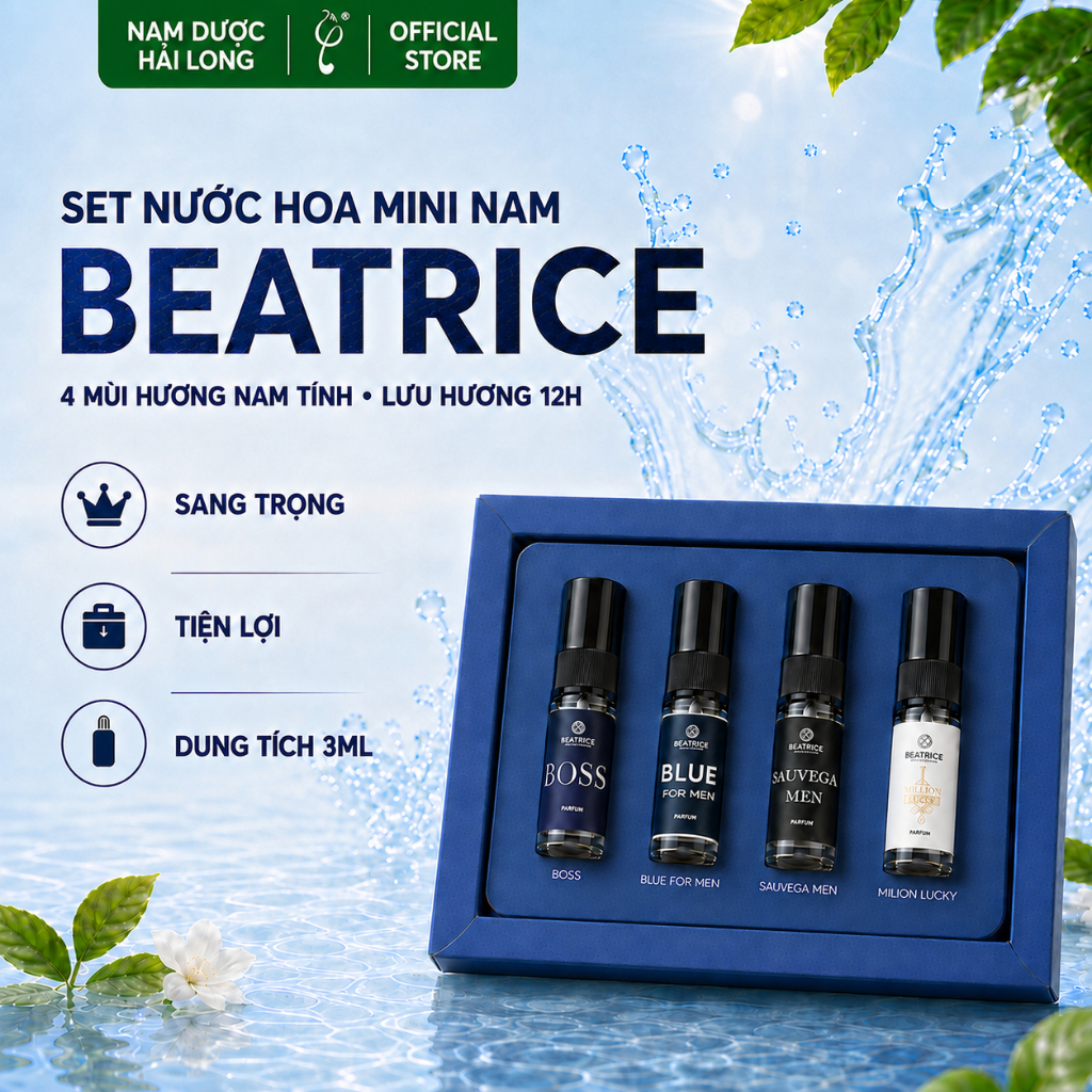 Set nước hoa nam Beatrice 4 mùi 3ml: 1 Million Lucky, Sauvega Men, Blue For Men và Boss
