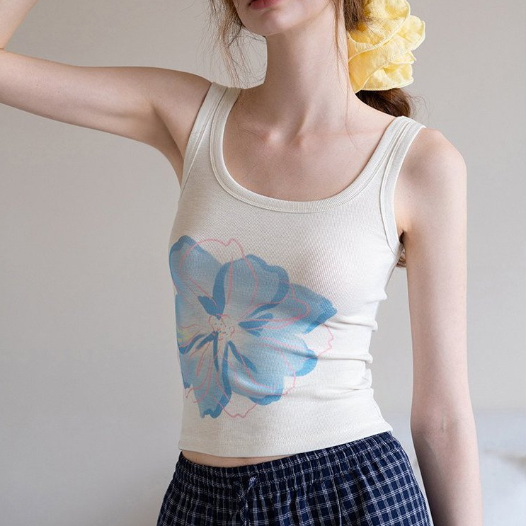 [HÀNG CHÍNH HÃNG] EGGKA Áo vest dệt kim in hoa màu xanh dương EGGKA, dáng ôm, kiểu dáng mùa hè thanh