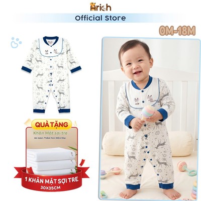 Body dài sơ sinh hoạ tiết Tuần Lộc, thương hiệu Arich, vải sợi tre petit, cho bé sơ sinh đến 18 tháng