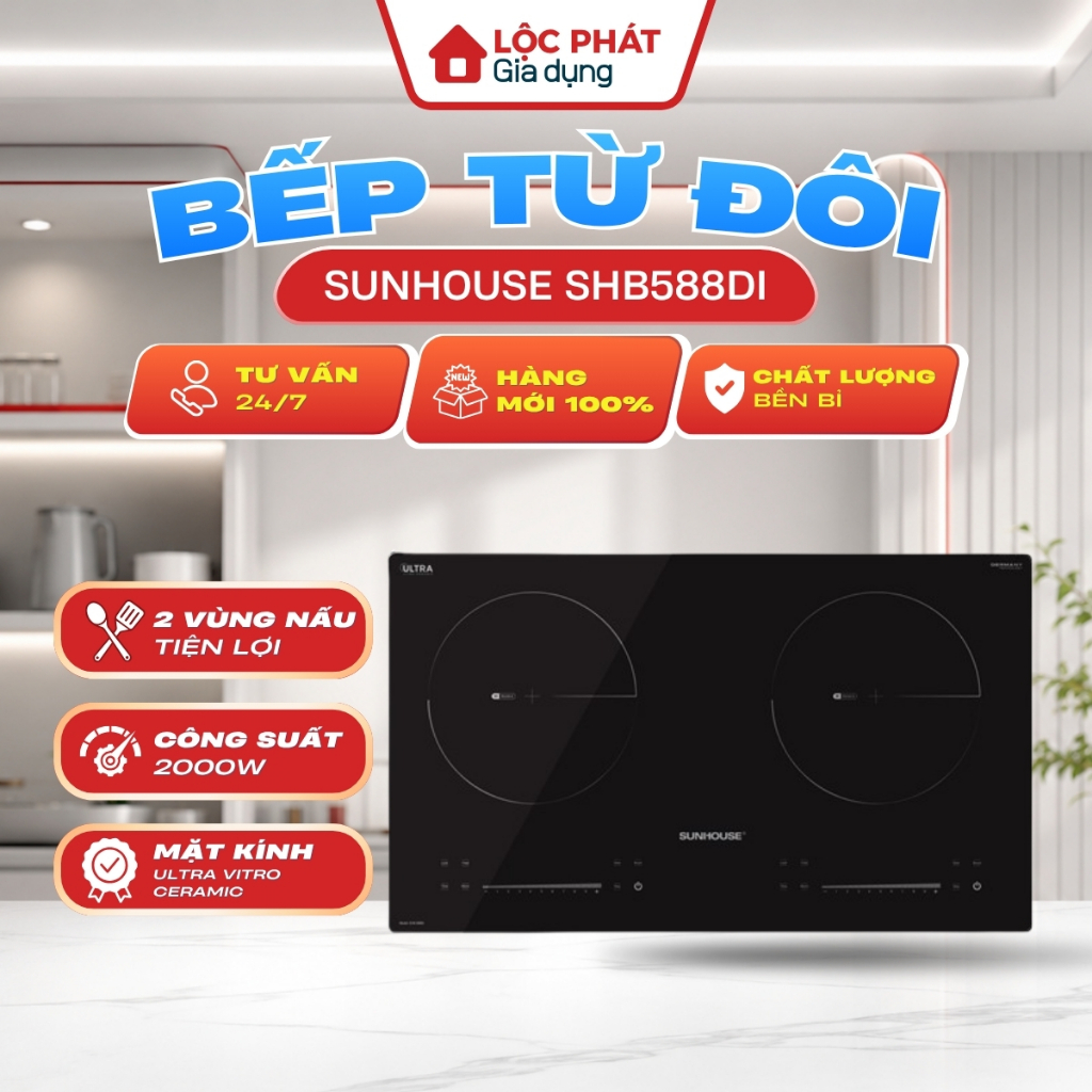 Bếp từ đôi SUNHOUSE SHB588DI 2 vùng nấu Booster 2000W điều khiển cảm ứng riêng mặt kính Ultra Vitro 