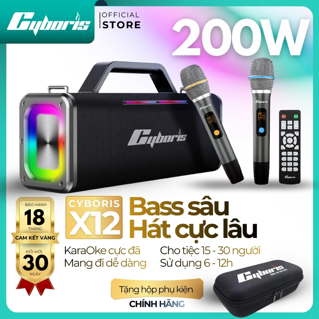 Loa Bluetooth Karaoke 200W Cyboris X12. Pin18000mAh. Bass Sâu. Bảo Hành 18 THÁNG