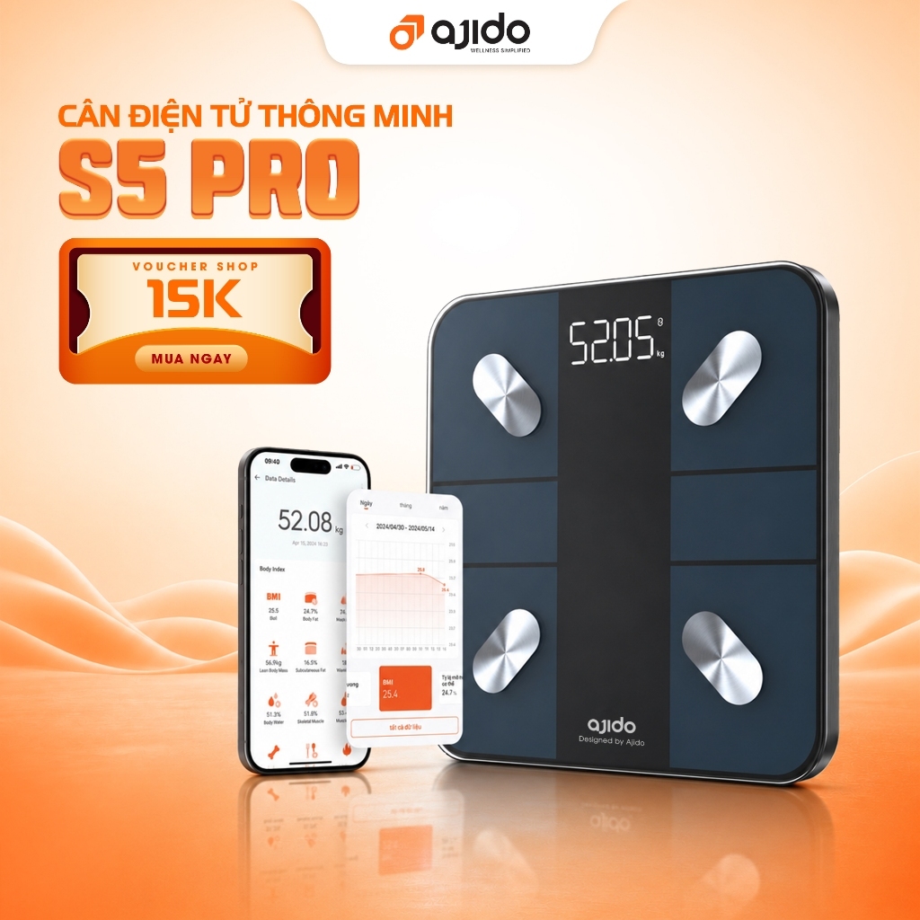Cân Điện Tử Thông Minh AJIDO S5 PRO, Phân Tích Inbody Đo 20 Chỉ Số Sức Khỏe Cơ Thể, Kết Nối Bluetoot
