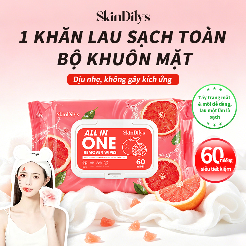 SkinDilys Khăn Ướt Tẩy Trang Bưởi Đỏ 60 miếng, Siêu Tiết Kiệm, 3in1 Mặt Mắt Môi, Sạch sâu, Cấp Ẩm, Dịu Nhẹ, Mọi Loại Da