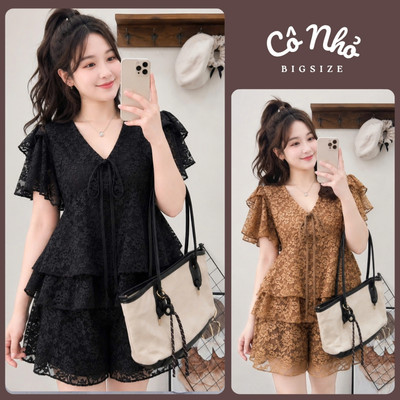 Set Bộ Bigsize Nữ Vải Ren Mềm Áo Dáng Babydoll Xòe Cổ V Phối Quần Đùi Lưng Chun SET885