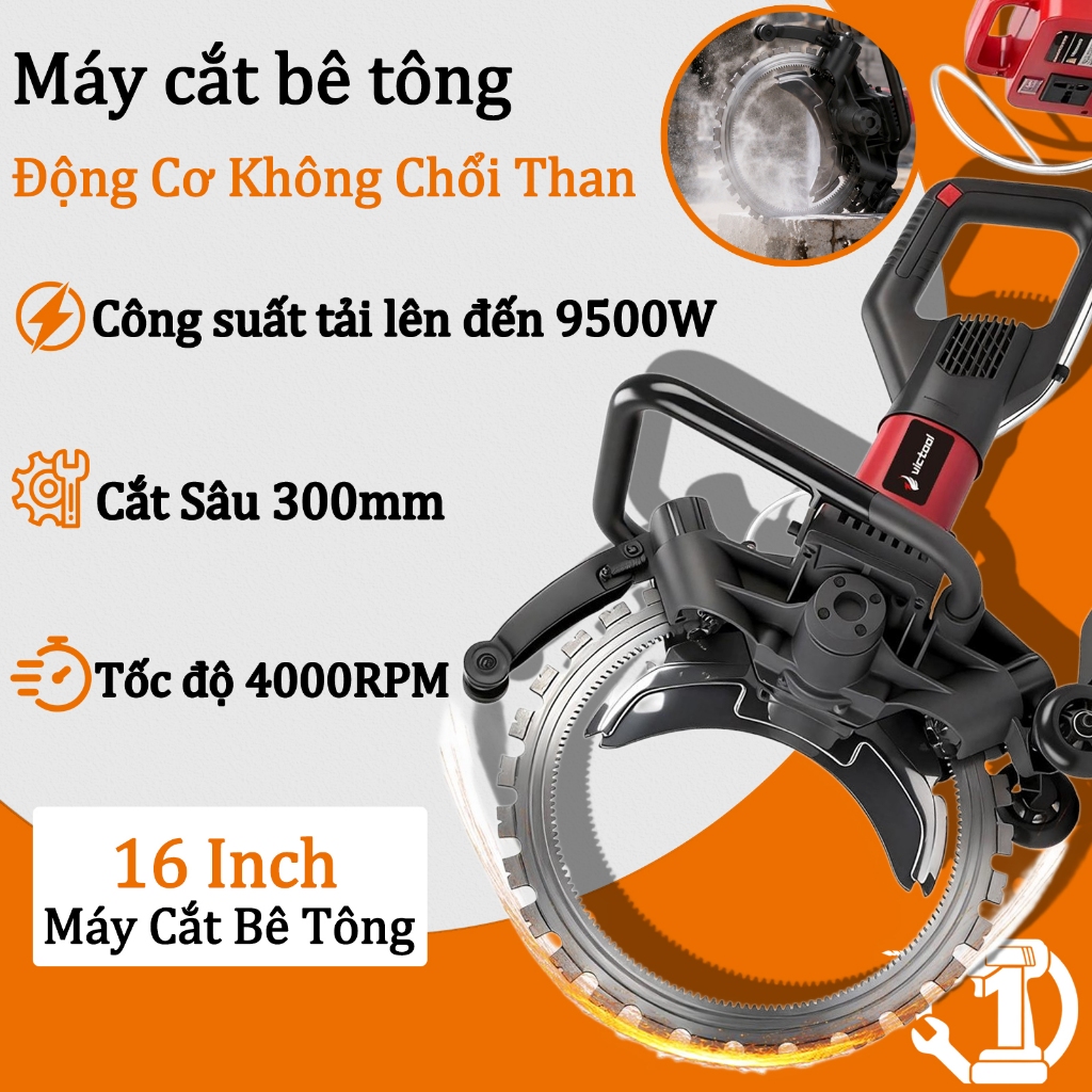 Máy cắt bê tông 16 inch,Động cơ không chổi than 5500W,Cắt sâu 300mm,Lưỡi kim cương 410mm,Dùng cho xâ