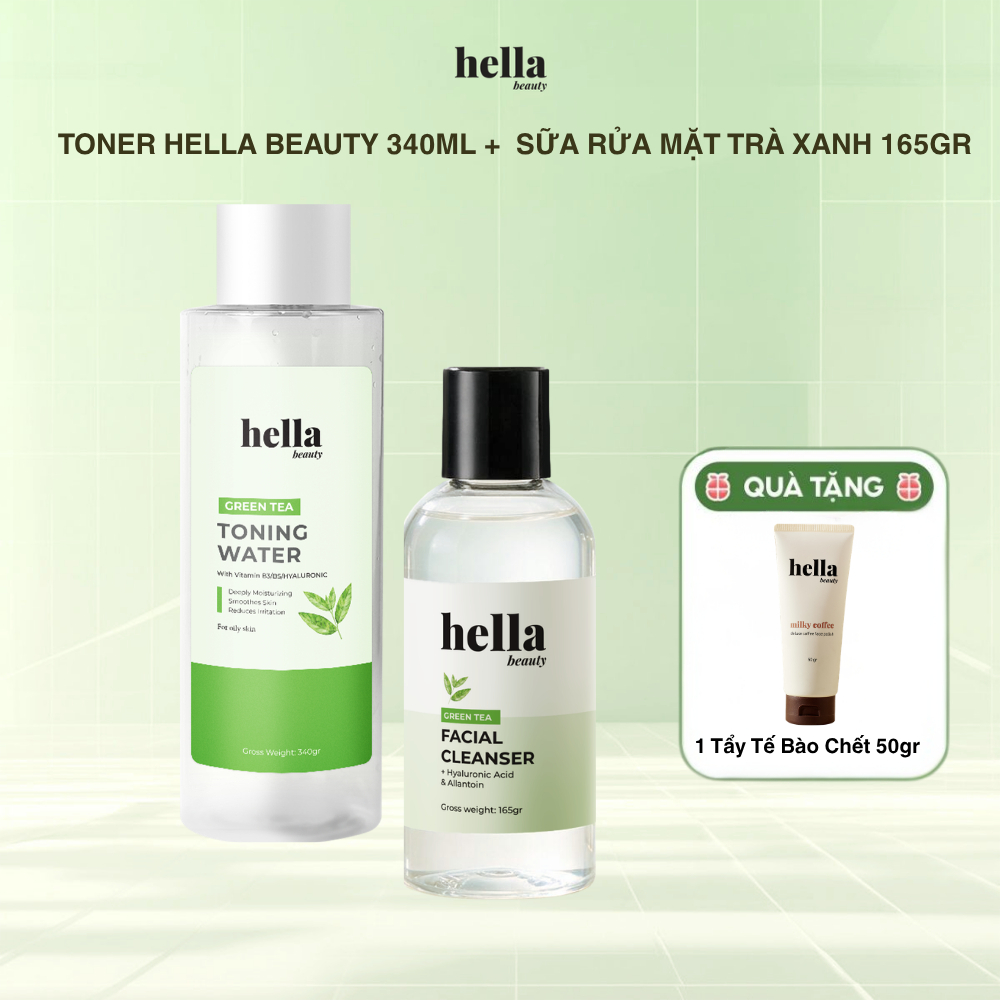 Combo Sữa Rửa Mặt Trà Xanh Hella Beauty 165gr Giúp Sạch Sâu, Ngừa mụn & Toner cân bằng da Hella Beau