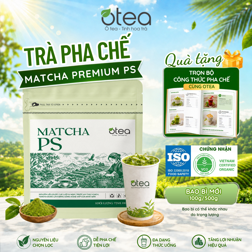 Bột Matcha PS OTEA 500g/100g màu xanh ngọc sâu, umami cân bằng dùng trong pha chế