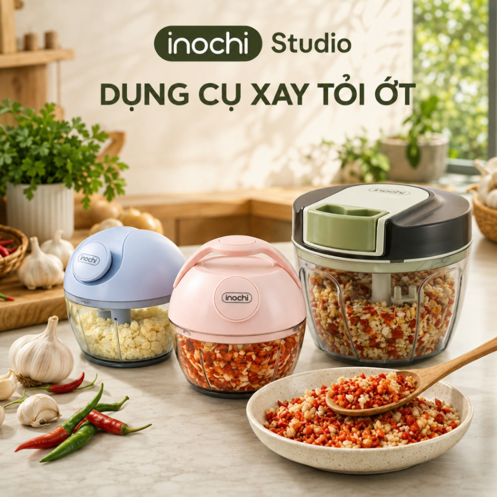 Dụng cụ xay tỏi ớt Inochi. lưỡi dao bén, Máy xay tỏi ớt cầm tay nhỏ gọn, dễ vệ…