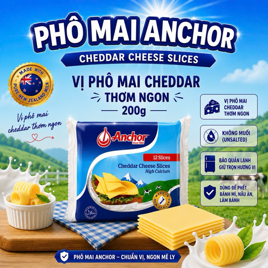 Phô Mai Lát Anchor Cheddar Cheese Slices 200g (12 Lát)