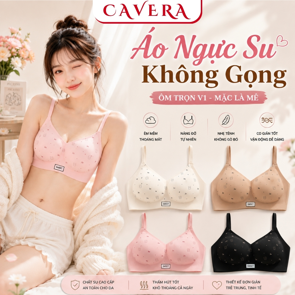 Áo Ngực Nữ Su Họa Tiết Gấu Nơ Mềm Mịn, Áo Lót Không Gọng Nâng Đỡ Nhẹ Ôm Trọn Vòng 1 -- CAVERA VN975