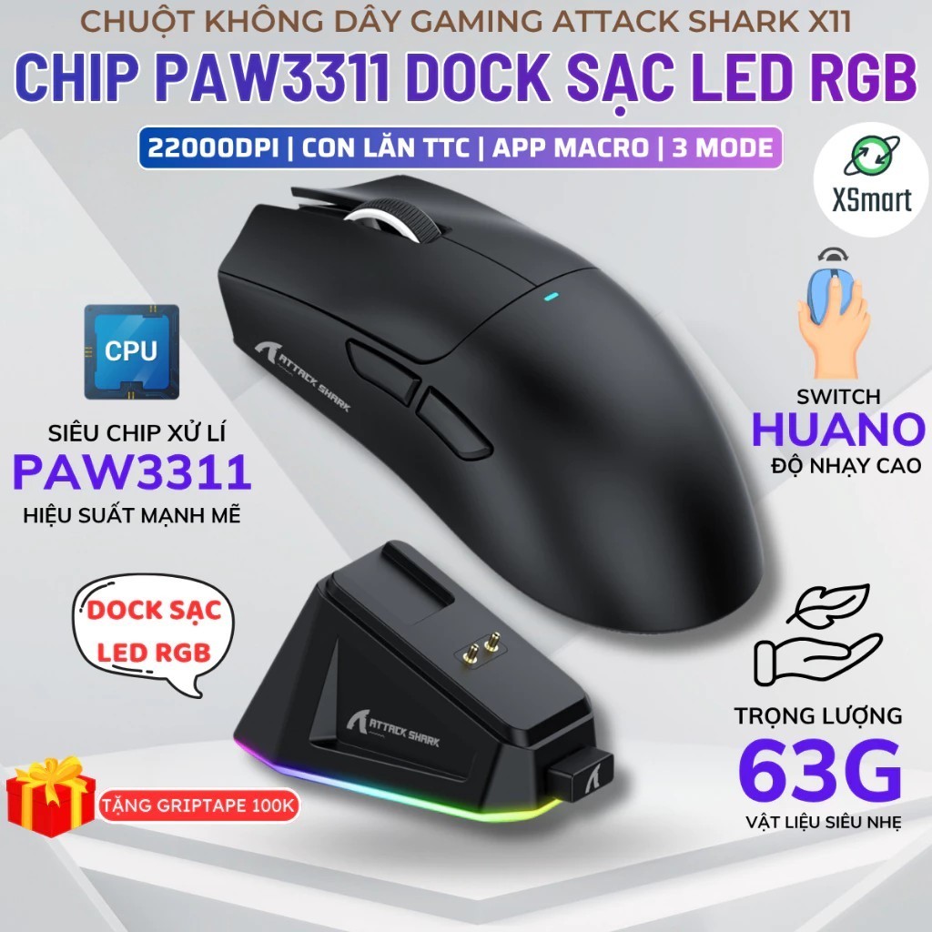 [Top Value] Chuột Gaming Không Dây Bluetooth Attack Shark X11 Chip PRO PAW3311 Có Dock Sạc LED, 2200