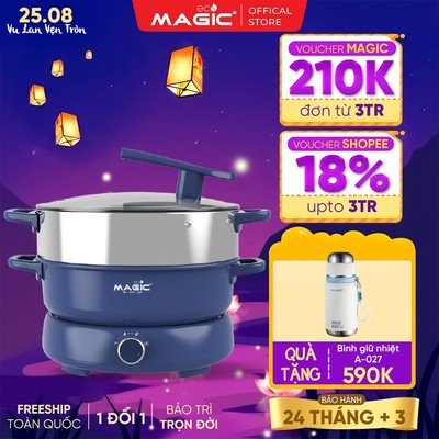Nồi Lẩu Hấp Thủy Nhiệt, Lẩu Nướng Đa Năng Magic Eco AC-282 6L, Kèm Xửng Hấp & Khay Nướng, 1800W
