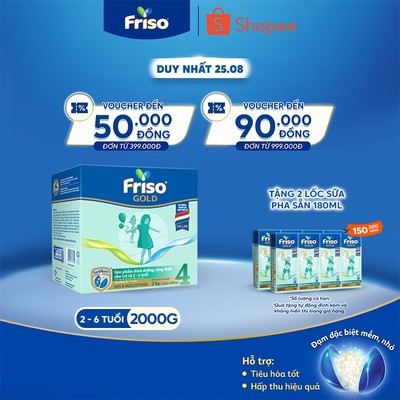 [Tặng 2 lốc sữa pha sẵn RTD 180ml] Sữa Bột Friso Gold 4 Hộp Giấy 2kg (Dành Cho Trẻ Từ 2 - 6 Tuổi)