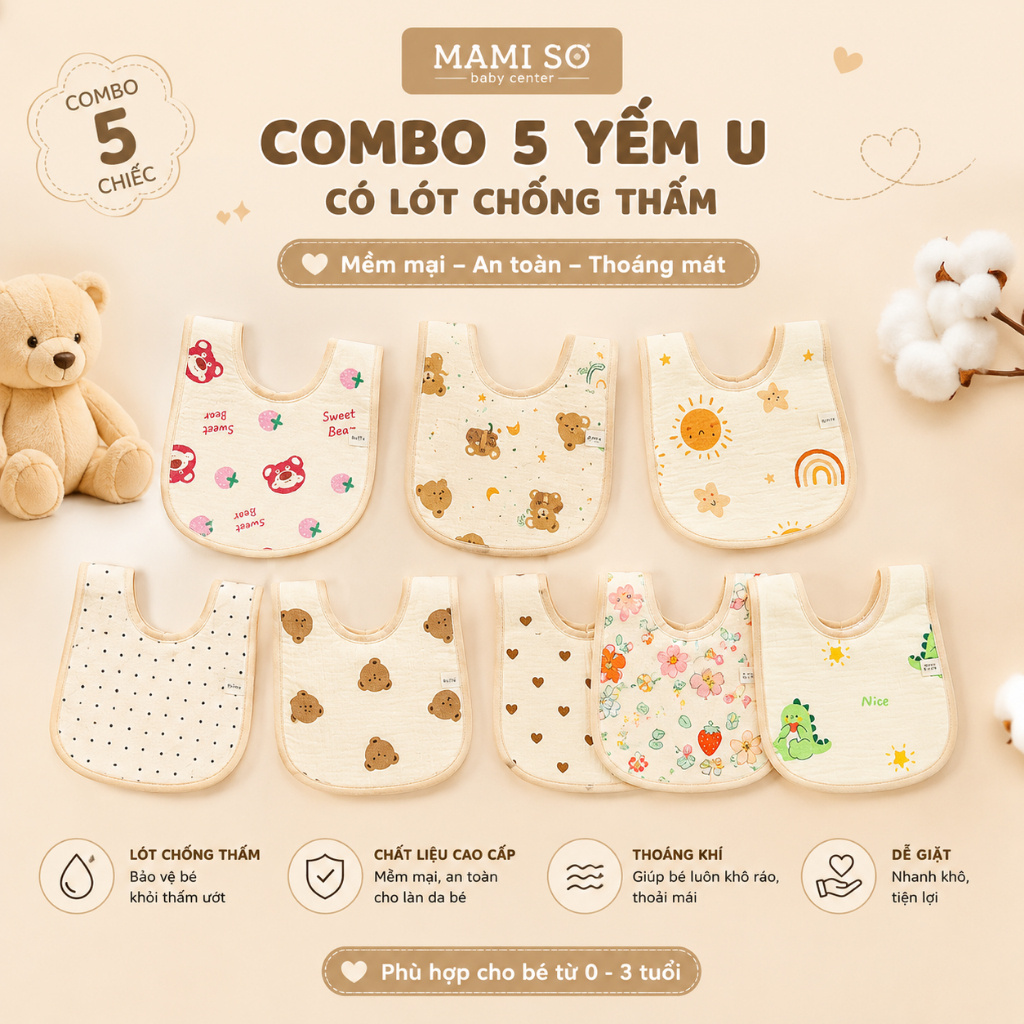 Yếm cho bé ăn dặm yếm vuông bé trai, gái có lót chống thấm từ 0-3 tuổi
