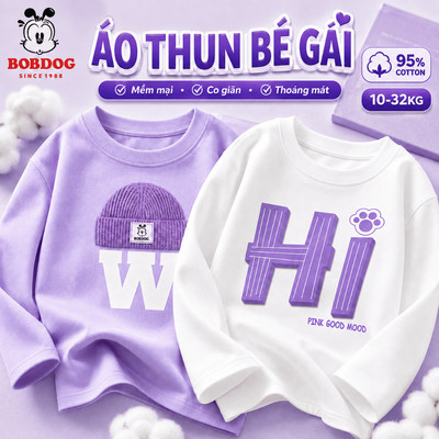 Áo thun dài tay bé gái BOBDOG in hình HI cổ tròn chất liệu cotton mềm mịn thoáng mát cho bé
