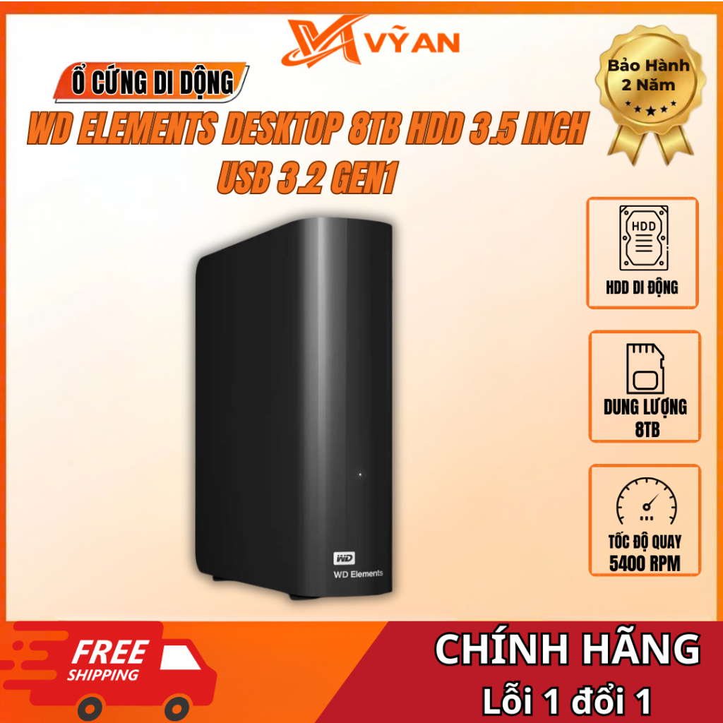 Ổ Cứng Di Động WD Elements Desktop 8TB HDD 3.5 inch USB 3.2 Gen 1 Chính Hãng (WDBBKG0080HBK-SESN) - 