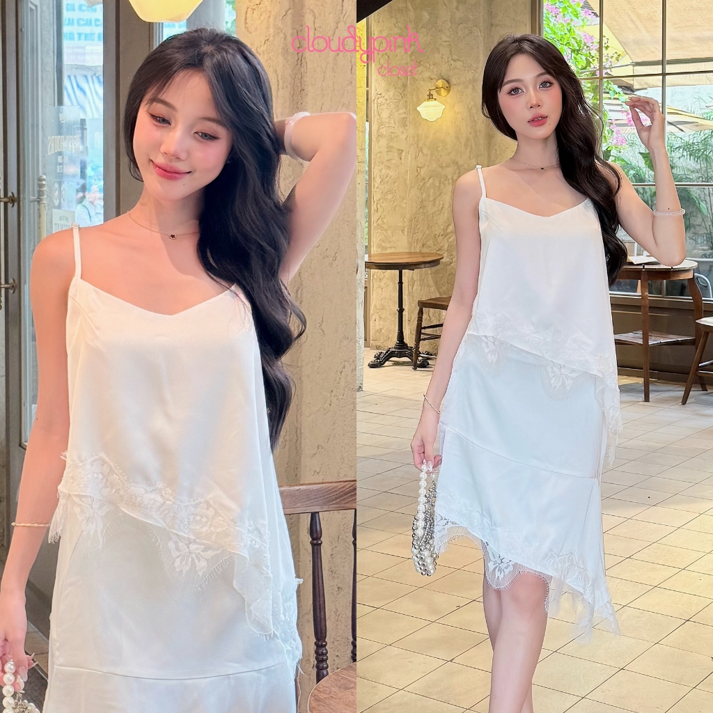 Set áo hai dây tà lệch phối ren và chân váy lụa satin Celine Set Cloudypink Closet