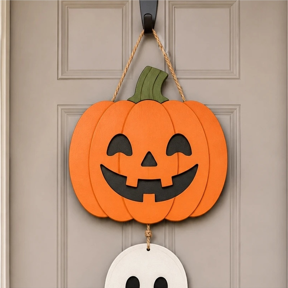 Bộ gỗ treo cửa Halloween 3 tầng bí ngô — ảnh listing minh họa