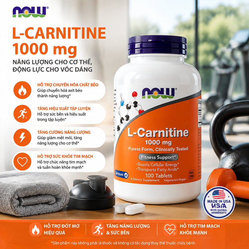 NOW L-Carnitine 1000mg Chính Hãng – Hỗ Trợ Chuyển Hóa Năng Lượng, 100 Viên Nén