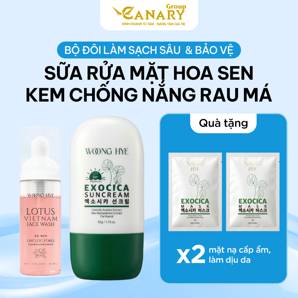 Bộ đôi sữa rửa mặt hoa sen + kem chống nắng rau má chăm sóc da Woong Hye, 55ml, 50g - Woong Hye