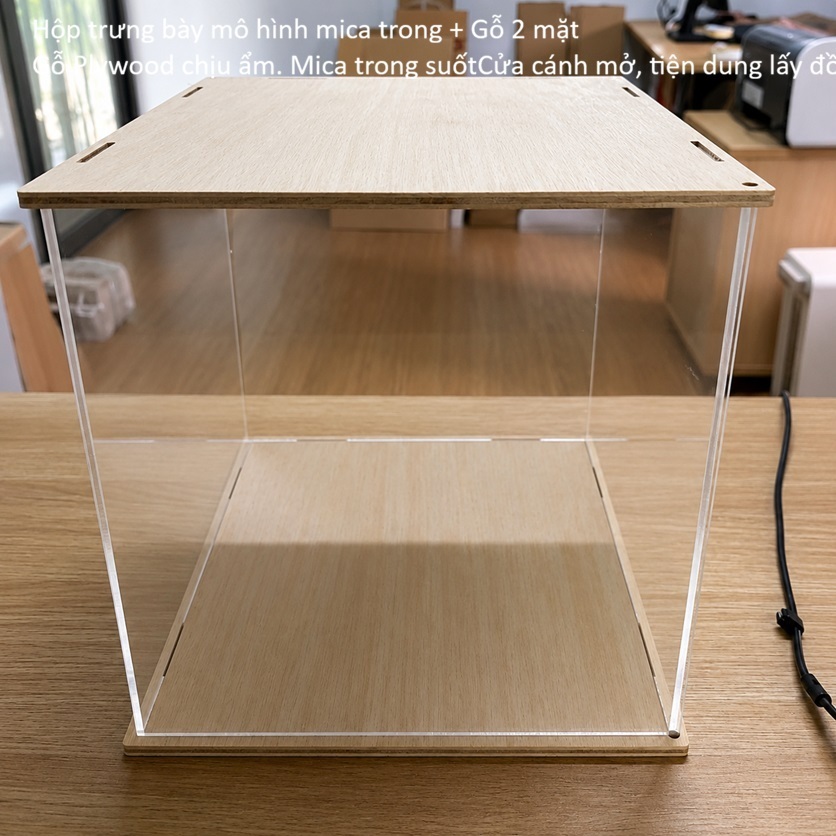 Hộp Mica Trong Đế Gỗ Plywood chống ẩm 2 Mặt Cửa Mở Trưng Bày Chống Bụi