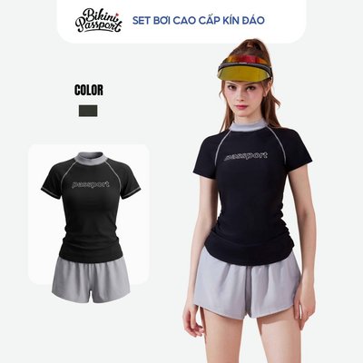 Set đồ bơi nữ BIKINI PASSPORT kiểu áo tay ngắn và quần short 2 lớp thể tháo, kín đáo, chống nắng - Đen Xám - BS1045_BL