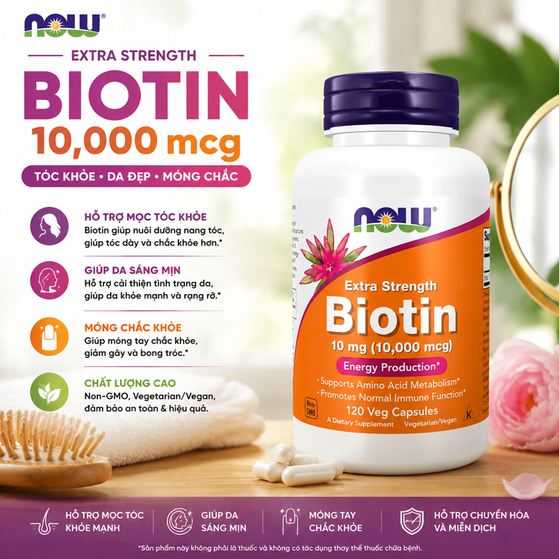 NOW Foods Extra Strength Biotin 10mg (10.000mcg) Veg Capsules 120 viên – Viên Nang Chay Biotin Hàm L