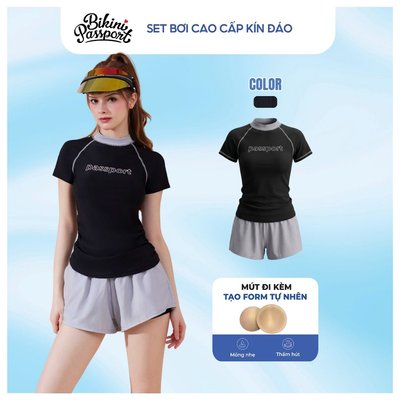 Bộ đồ bơi, set đồ bơi nữ 2 mảnh tay ngắn quần short 2 lớp kín đáo, che bụng BIKINI PASSPORT - Đen Xám - BS1045_BL