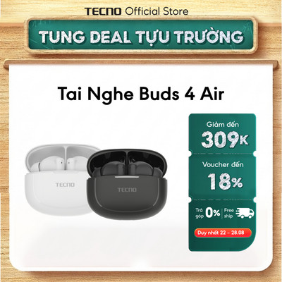 Tai Nghe Bluetooth 5.4 TECNO BUDS 4 AIR Chống Ồn AI-ENC | Kháng Nước IPX4 | Nhỏ Gọn