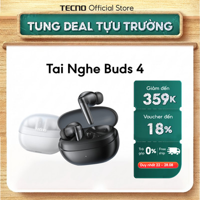 Tai Nghe Bluetooth 5.4 TECNO BUDS 4 Chống Ồn ANC | ENC Lọc Âm Cuộc Gọi | EQ Tùy Chỉnh Âm Nhạc | IPX4