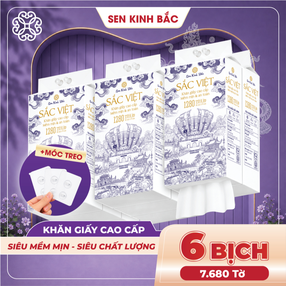 [COMBO 06 BỊCH] Giấy Rút Treo Tường Sắc Việt 1280 Tờ 4 Lớp Mềm Mịn, Thành Phần Bột Gỗ Tự Nhiên 100%