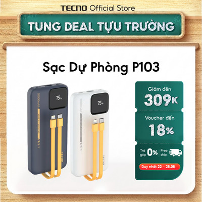 Sạc Dự Phòng TECNO TPB-P103 10.000mAh Có Sẵn Dây Sạc | Màn Hình Led | Chứng Nhận An Toàn | Nhỏ Gọn