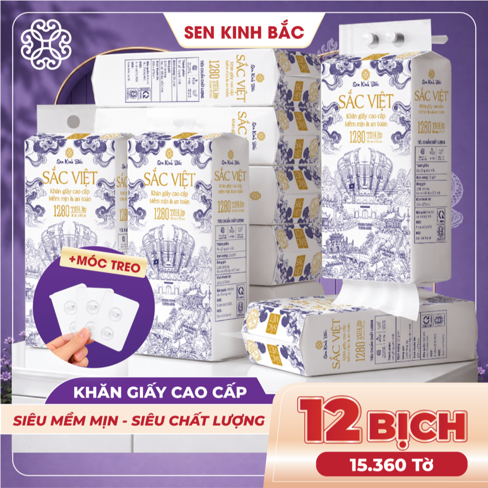 [COMBO 12 BỊCH] Giấy Rút Treo Tường Sắc Việt 1280 Tờ 4 Lớp Mềm Mịn, Thành Phần Bột Gỗ Tự Nhiên 100%