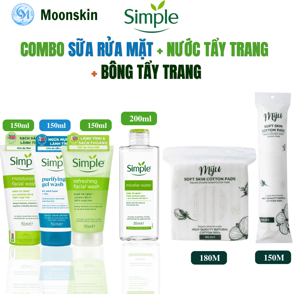 Combo Làm Sạch Da Simple: Nước Tẩy Trang Simple Micellar Water 200ml + Sữa Rửa Mặt Simple 150ml + Bô