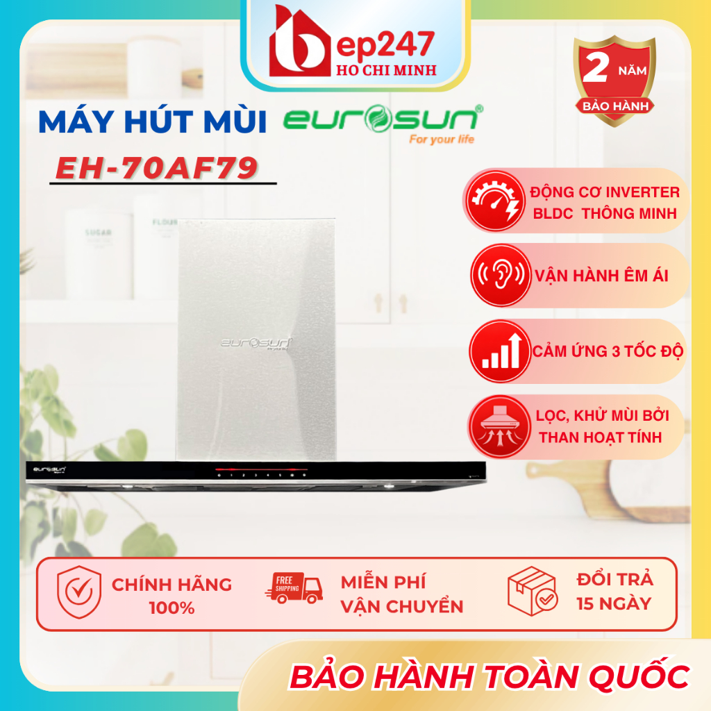 MÁY HÚT MÙI EUROSUN EH-70AF79 | T-SHAPE TORNADO | INVERTER BLDC 90W | HÚT 980M³/H | CẢM ỨNG 5 TỐC ĐỘ