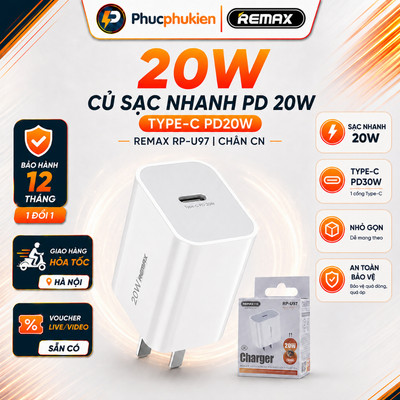 Củ sạc nhanh 20w Remax U97 cổng type C sạc nhanh 20w chuẩn PD cho 14 seris trở xuống - Phúc Phụ Kiện