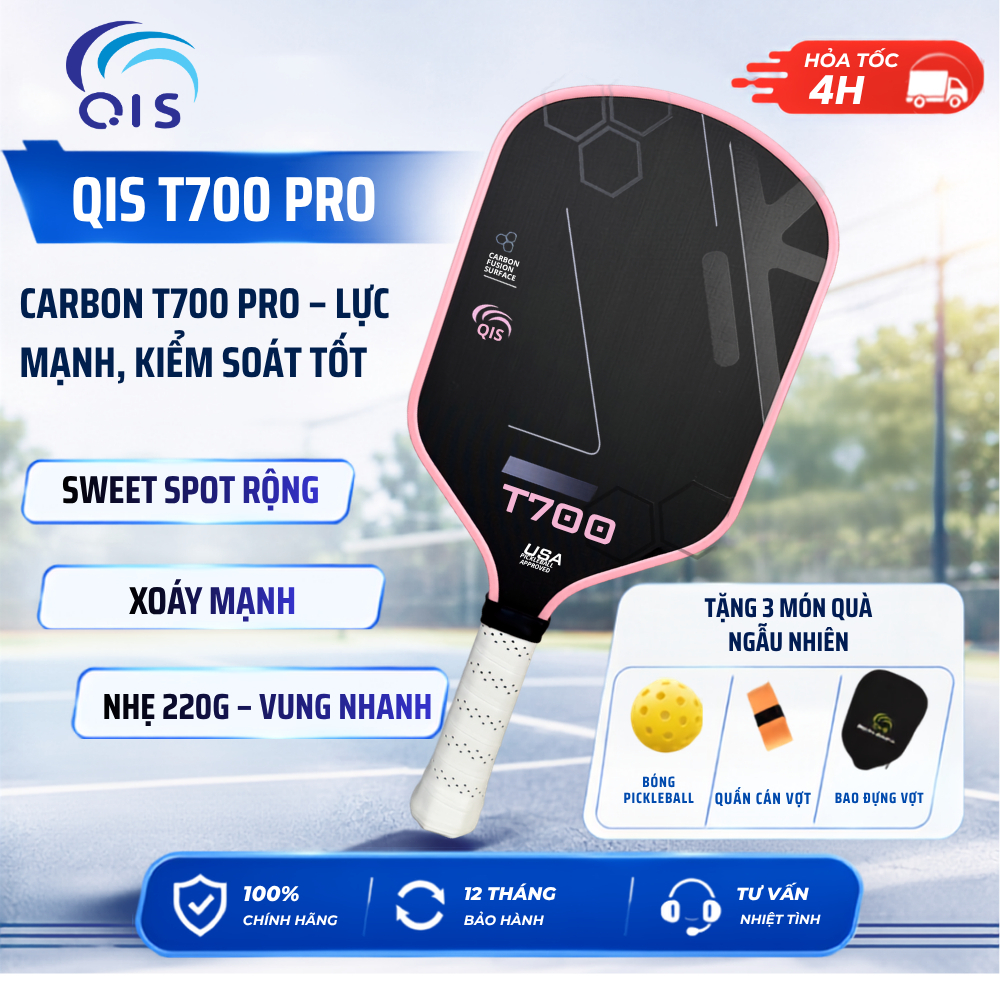 [T700 16mm] Vợt Pickleball QIS T700 PRO – Mặt Carbon, Lõi Polymer, Kiểm Soát Và Xoáy Bóng Vượt Trội