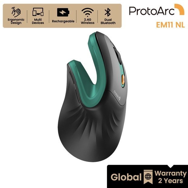 ProtoArc EM11 NL Chuột Công Thái Học 58° Công Thái Học Dọc Bluetooth + 2.4G Đa Thiết Bị Đen Xanh Lá 